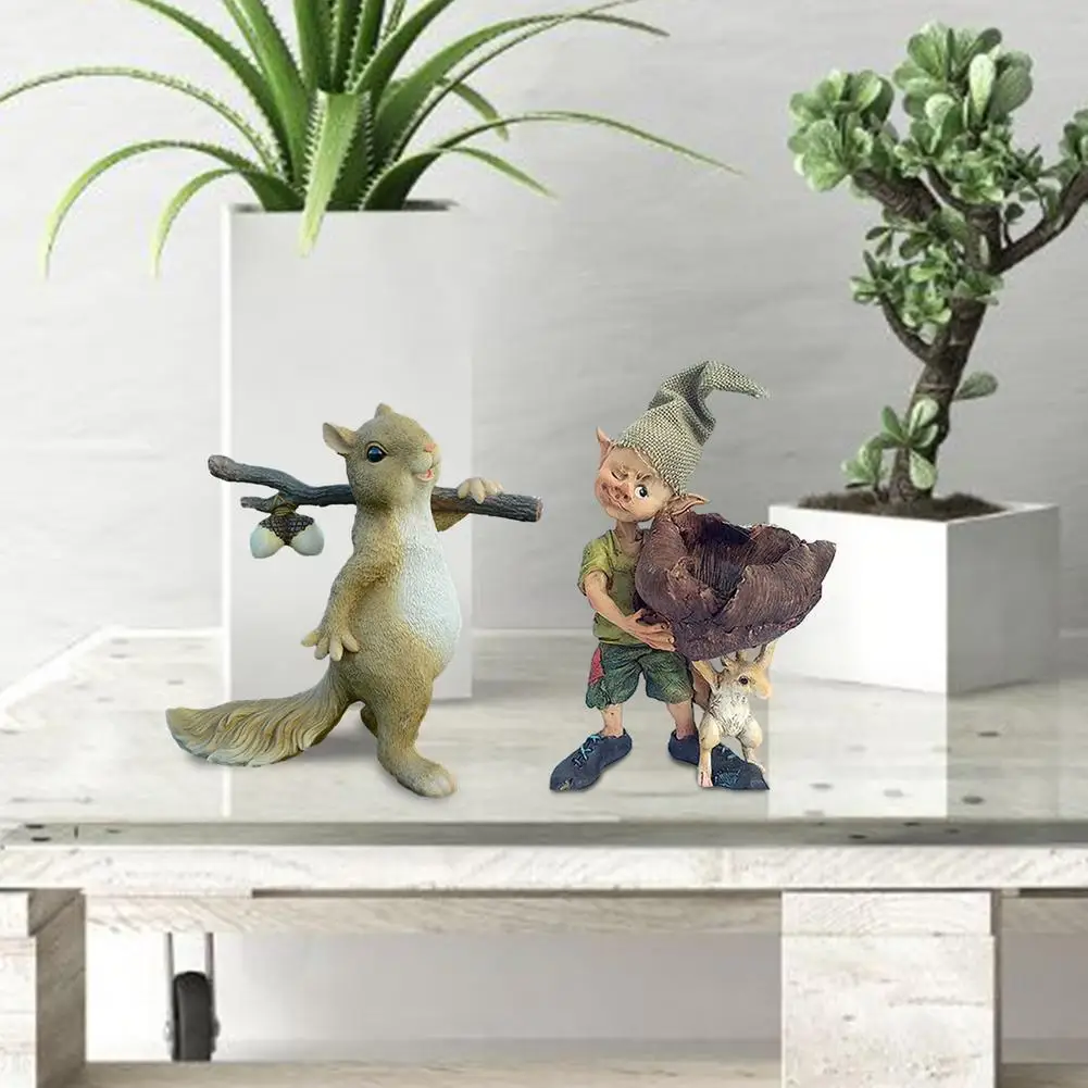 

Squirrel Animal Figurine And Wandering Elf Fairy Garden Ornaments Home Decoration Friends Gift Bonsai Decor Sculpture