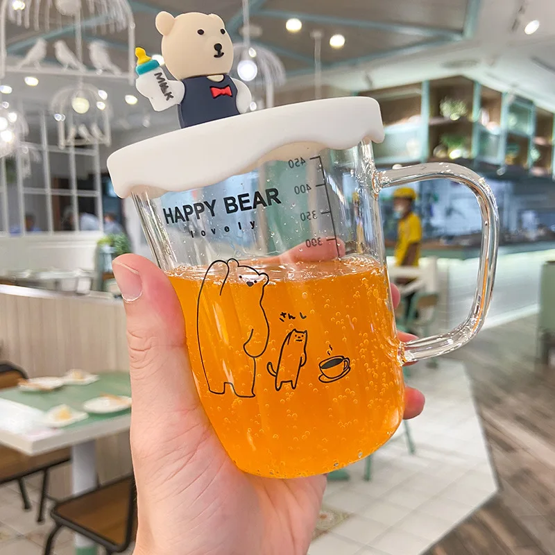 450 мл силиконовый медведь стеклянная чашка с крышкой милые Мультяшные весы