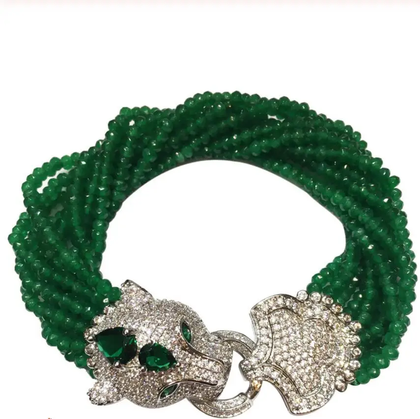 

Free Shipping Handmade leopard head micro inlay zircon clasp green Jade stone multi-rows bracelet