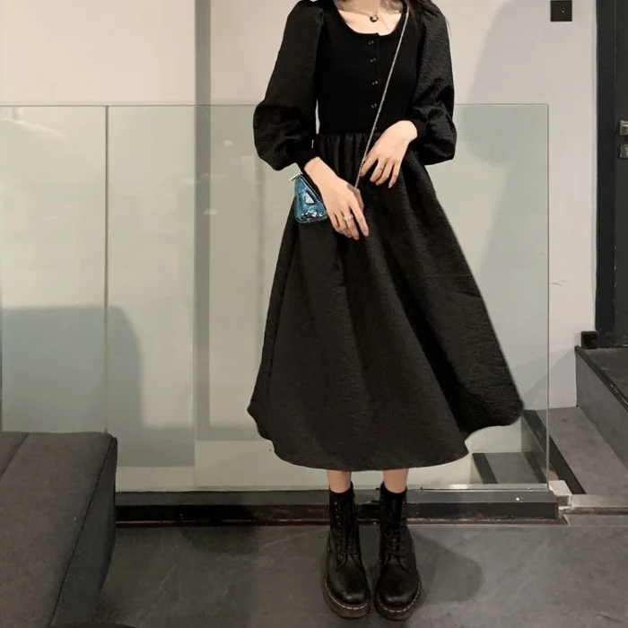 

Black Long Sleeve Stitching Dress Women 2021 Autumn French Retro High Sense Graceful Fashionable Skirt Rac