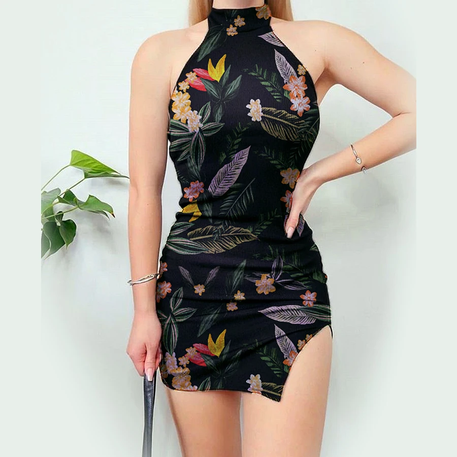 

2020 New Fashion Dress Turtleneck Print Halter Short Dress Sexy Slim Fit Hip Ms. Skirt Two Colors Available