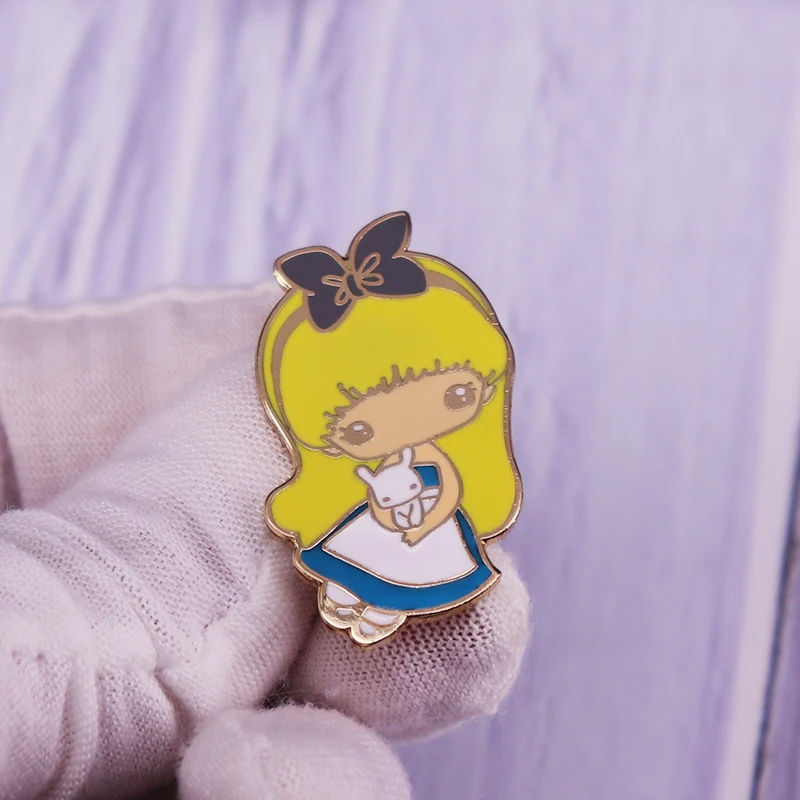 Alice Wonderlands Hard Enamel Pin Cute Cartoons Dress Girl and Rabbit Badge Classic Anime Fans Brooch Jewelry Accessories