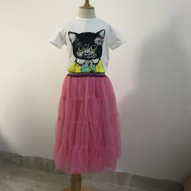 2019 New Summer Blue&ampPink TUTU Skirt+Cat T-shirt Clothing set thinFor Baby Girl Kids Colorful Striped Waist Skirt for Princess |