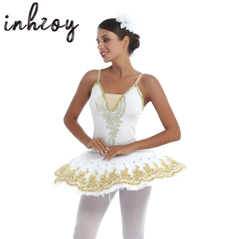 

Women Adult Floral Sequins Ballerina Leotard Tutu Skirt White Classical Dance Costume for Ballet Dress Performance Dancewear