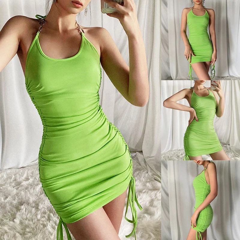 

Summer Club Beach Vacation Party Night Sling Dress for Women Sexy Fashion Solid Color Skinny Mini Wrap Dress Female
