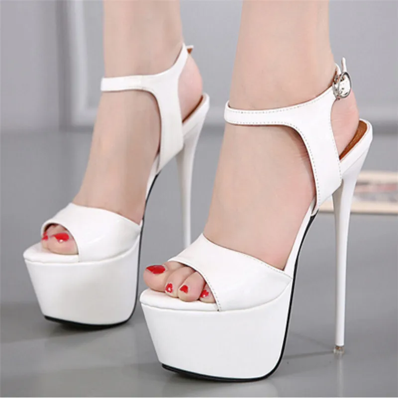 

Peep Toe Ankle Buckle Rome Sandals Women Concise Solid PU Fine heel Sandals Platform Super High Heels Fashion Shoes Party Woman