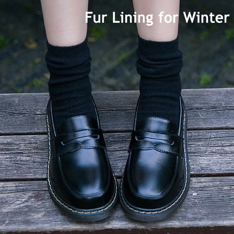 Black Fur Lining Женские туфли-оксфорды в британском стиле ретро; обувь из натуральной кожи; женская обувь на плоской подошве без застежки; женские туфли на плоской подошве с круглым носком; женские лоферы; оксфорды - Цвет: Black Fur Lining