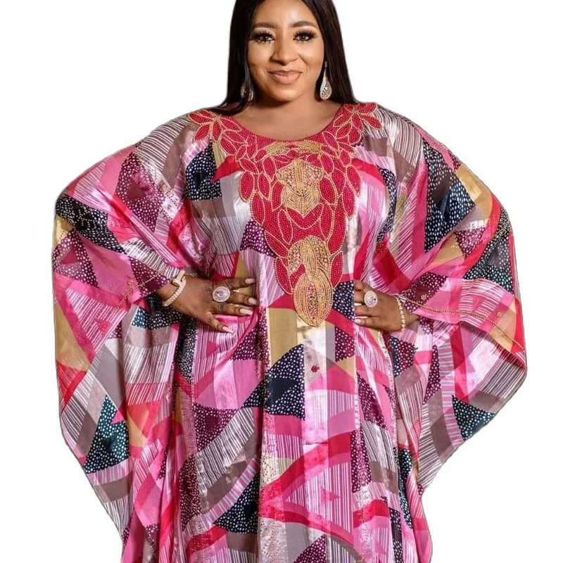

African mothers' large-swing dress quality chiffon fabric luxury artificial stone cannon bead decoration with black elastic vest