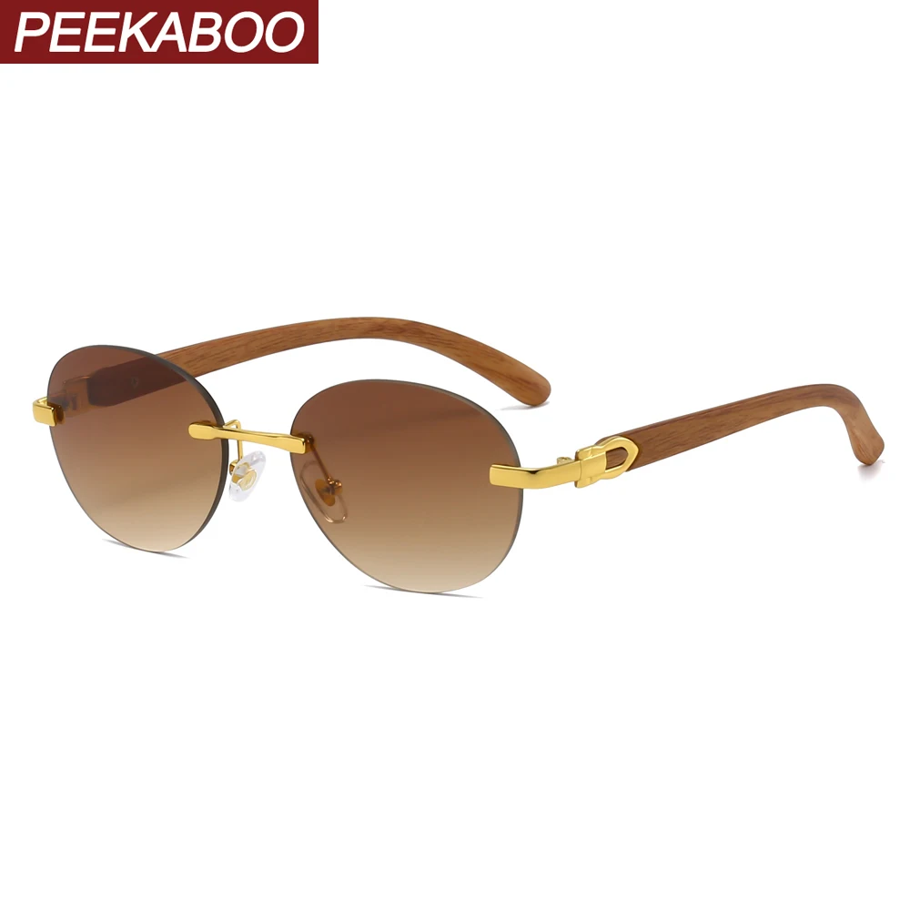 

Peekaboo wood grain women's fashion sunglasses rimless round uv400 oval glasses for men frameless 2022 blue brown birthday gifts