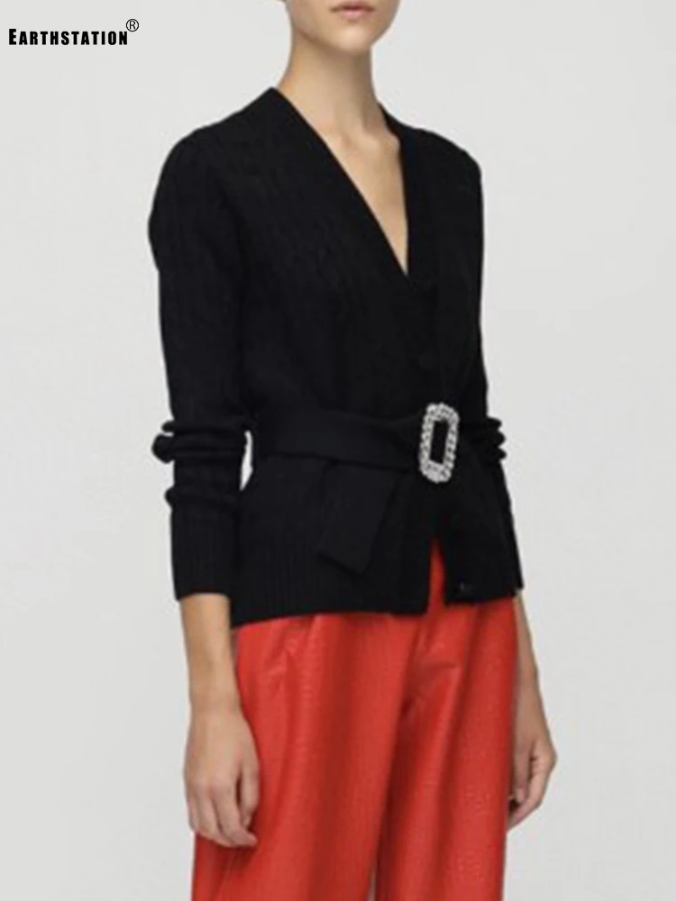 

Женский трикотажный кардиган, однотонный кардиган с V-образным вырезом и пряжкой из витых страз, универсальный, осенний сезон