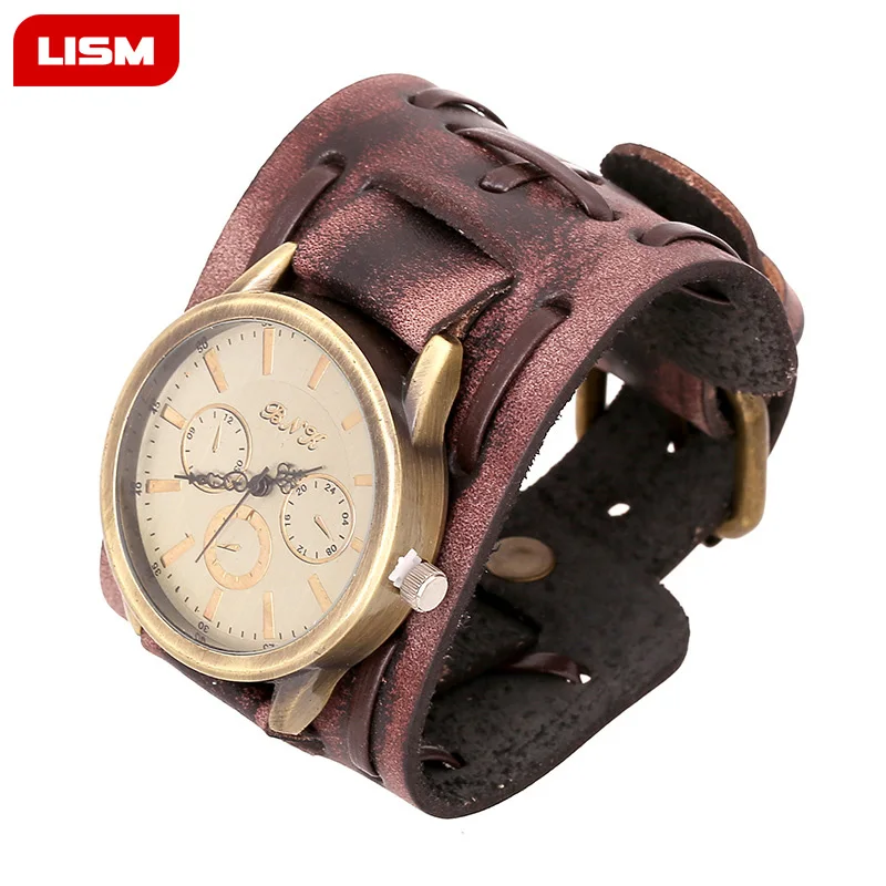 

Trendy Style Punk Watch Men Women Fashion Wide Leather Bracelet Wrist Watches Ladies Retro Design Gold Dial Quartz Watch