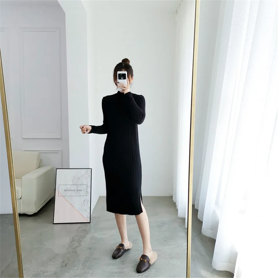 Раздельное однотонное платье с круглым вырезом и длинным рукавом Vestido, милое зимнее трикотажное платье, Осеннее женское элегантное платье, новинка года, модное тонкое мягкое женское платье
