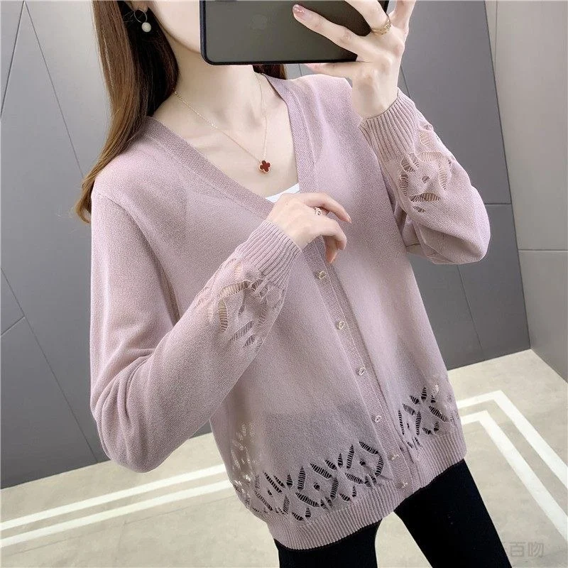 

Демисезонный женский тонкий вязаный кардиган из вискозы с вырезами, свитер, свободная Солнцезащитная одежда, кондиционерная рубашка, куртк...