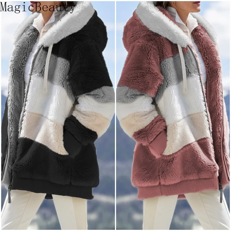 Женское зимнее плотное теплое пальто пуховик плюшевое пушистая куртка из