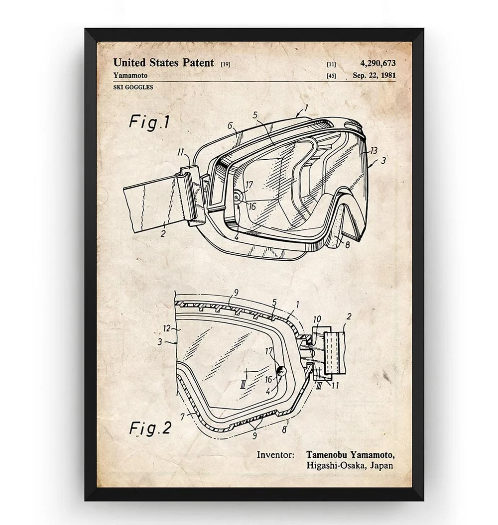 Винтажные лыжные очки 1981 патент катание на лыжах схема плакат холст картина