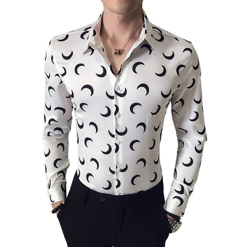 

Spring New 2021 Digital Print Men Casual Shirts Long Sleeve Simple Casual Slim Fit Night Club Prom Tuxedo Dress Blouses Black