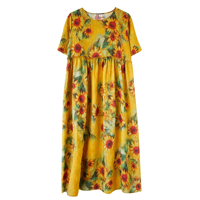 

Summer Dress For Women Casual Floral Indie Folk Retro Fashion Loose Elastic Waist Female Short Sleeve O-Neck Soft Long Dresses