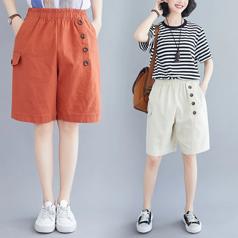 

Half Shorts Women Summer Fashion Orange Elastic Waist Button Pockets All-Match Basic Thin Unique Loose Casual Simple Short Pants