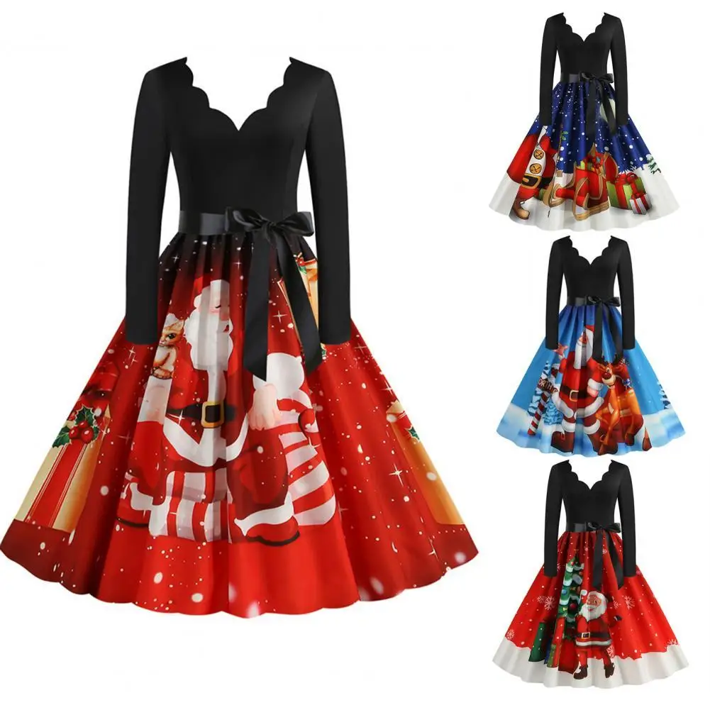 

Christmas Dress Women Costume Party Dress Christmas Style Square Neck A-Line Dress Lady Mid-calf Dress for Women Party Vestidos