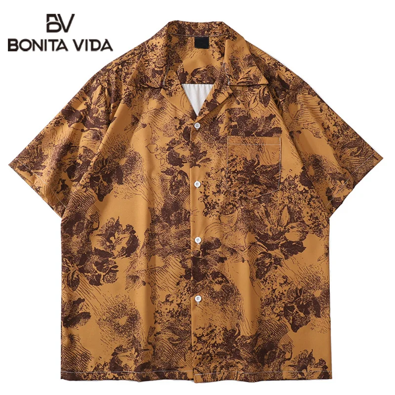 

Bonita Vida Harujuku Japanese Style Vintage Street Men's Short Sleeve Shirts Summer Thin Material Hawaiian Shirt Man Blouse Tops