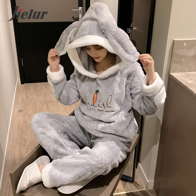 

Jielur Warm Hooded Women Pajama Sets Winter Thick Long Sleeve Shirt+Pants Home suit Cartoon Print Femme Gray Pijama Feminino