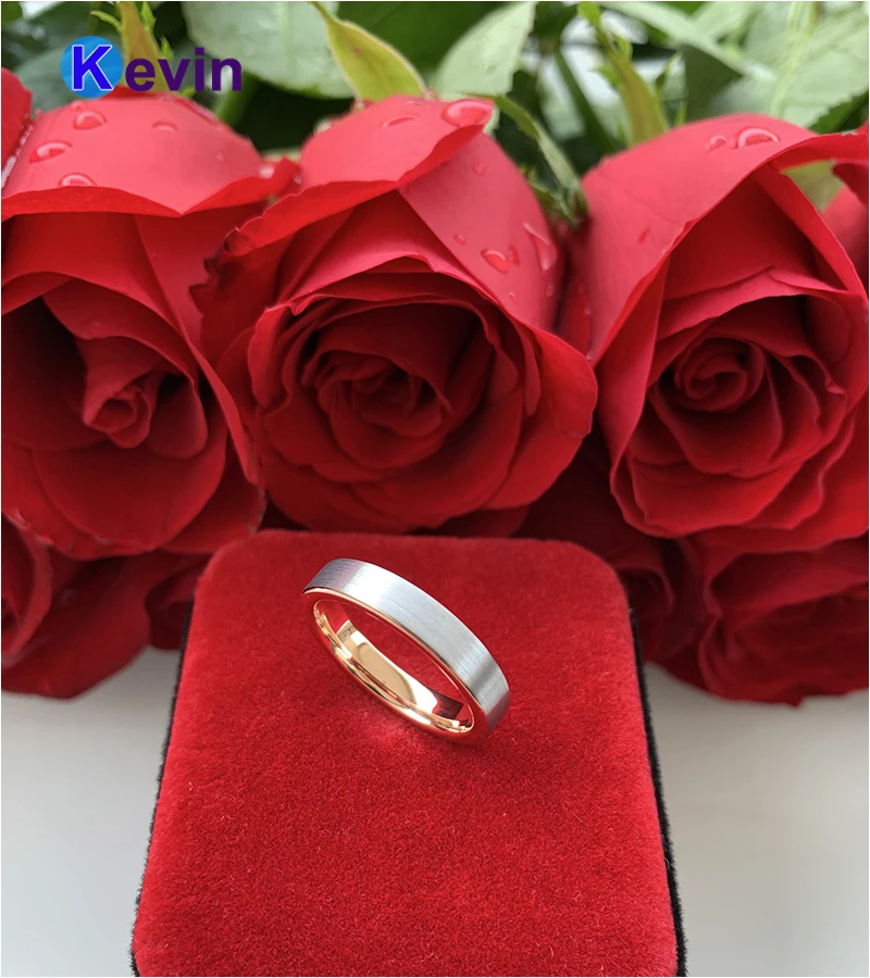 Женские обручальные кольца вольфрамовые розовое золото плоская лента 4 мм и