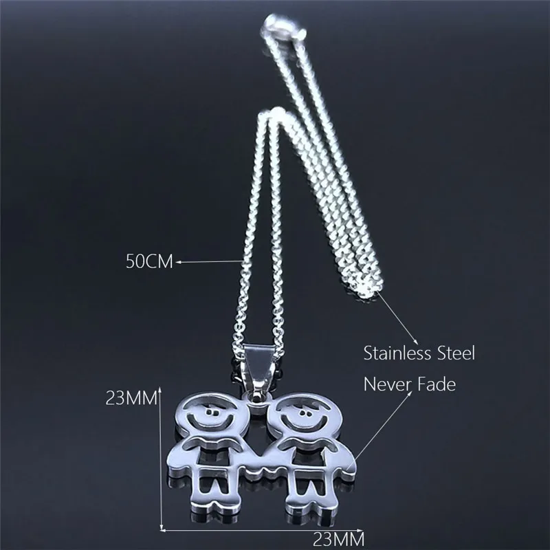 

2021 Family Two Boys Stainless Steel Chain Necklaces for Women Silver Color Statement Necklace Jewelry gargantilla N381S01