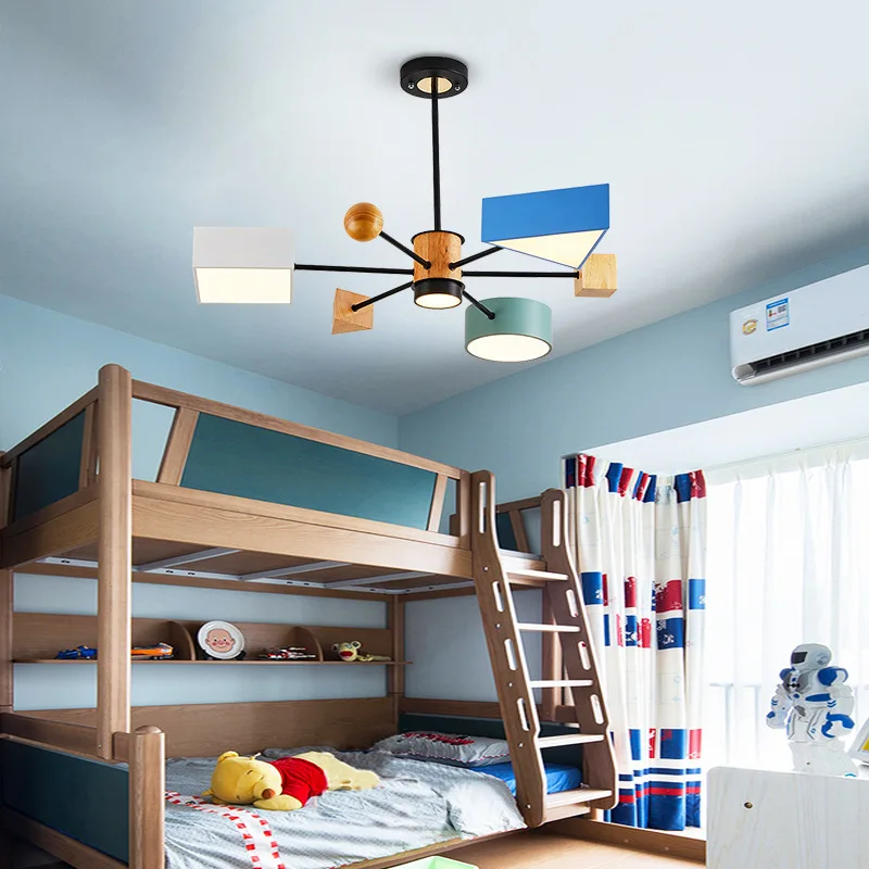 

Nordic Wooden Pendant Lamp 220V Children Kids Baby Boy Bedroom Ceiling Hanging Light for Living Room 3 Color Temperature 42W