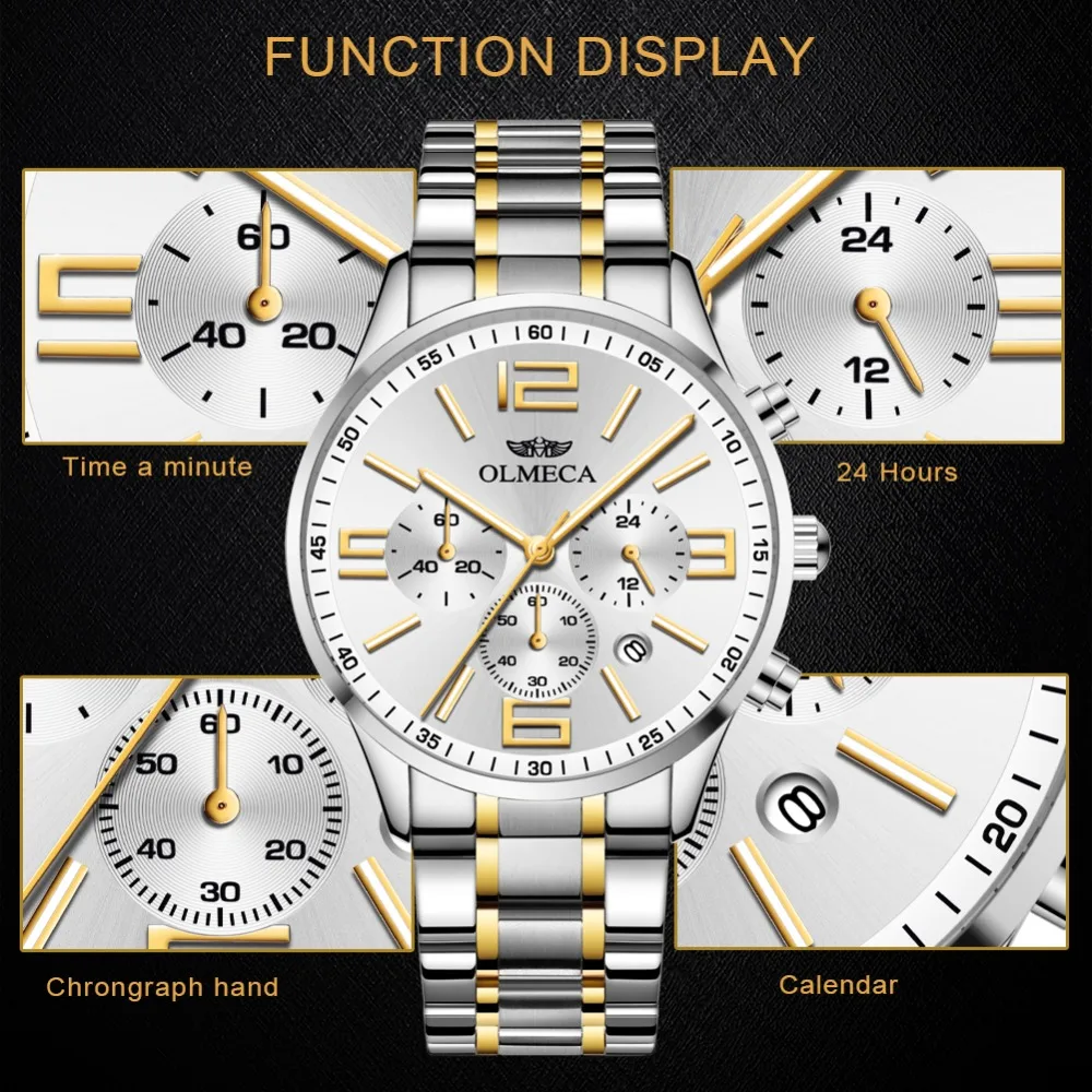 

OLMECA Men's Watch Luxury Fashion Big Dial Stainless Steel Wrist Watches Military Elegant Watch for Men Saat Relogio Masculino