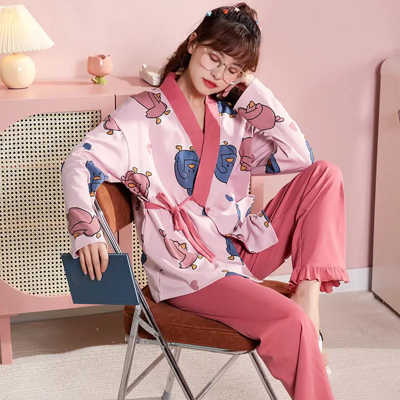 Pajamas Women's Spring Autumn Pure Cotton Long-sleeved Loose Suit Japanese Sweet and Cute Japanese Homewear Can Be Worn Outside