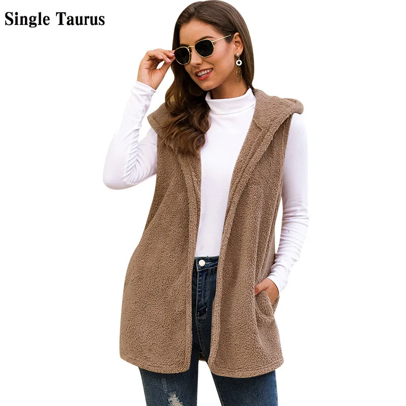 

2021 Fall Winter Sleeveless Hooded Vest Plush Jacket Coat Casual Fashion Solid Color Lady Open Stitch Woman Vests