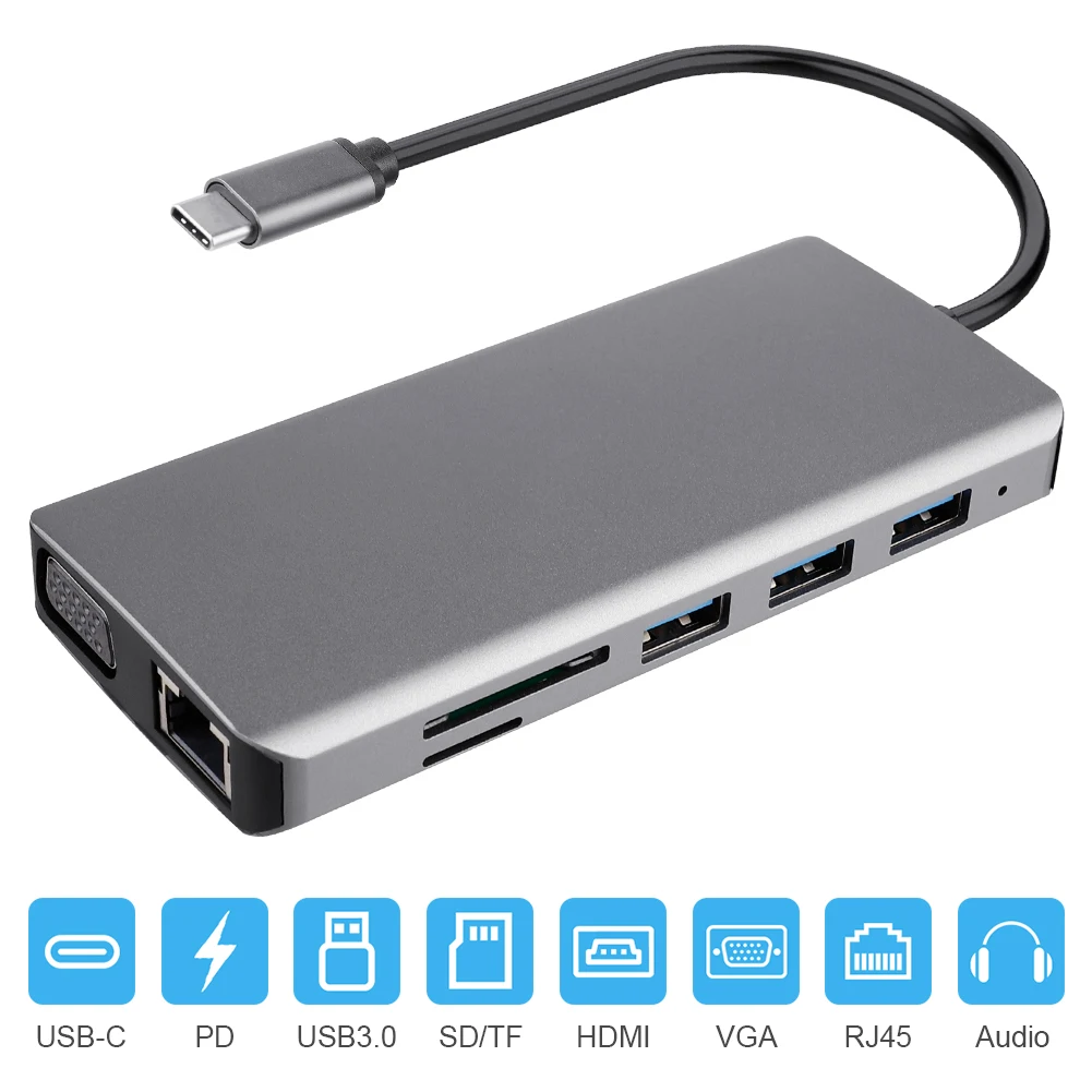 11 в 1 USB C концентратор Type данных с 4K HDMI SD TF кардридер 3 0 порт VGA rj453.5мм аудио адаптер