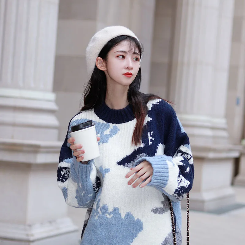 Young girl Sweaters Women's Clothing Blue New 2021 Winter Pullovers Knitted Loose Women Tops Long Sleeve Casual 511A | Женская