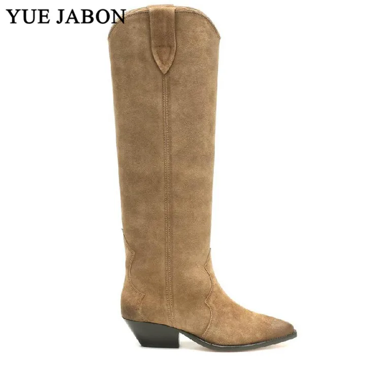 Зимние сапоги для девушек потертые кожаные прямые длинные до колена на массивном