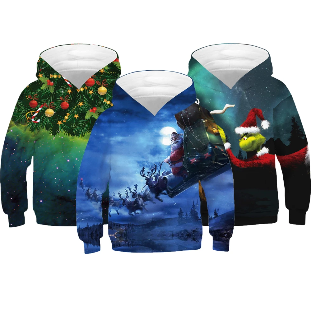 

Свитшот с капюшоном для мальчиков и девочек, с 3d-рисунком рождественской елки, с Санта Клаусом, подарок, пальто для детей, детская одежда