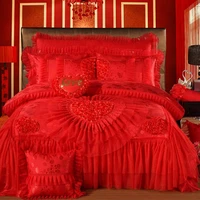 oriental lace red pink wedding luxury royal bedding set queen king size bedspread flat sheet set duvet cover bedroom set