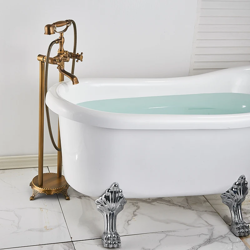 Античный латунный напольный смеситель для раковины с двойной ручкой набор