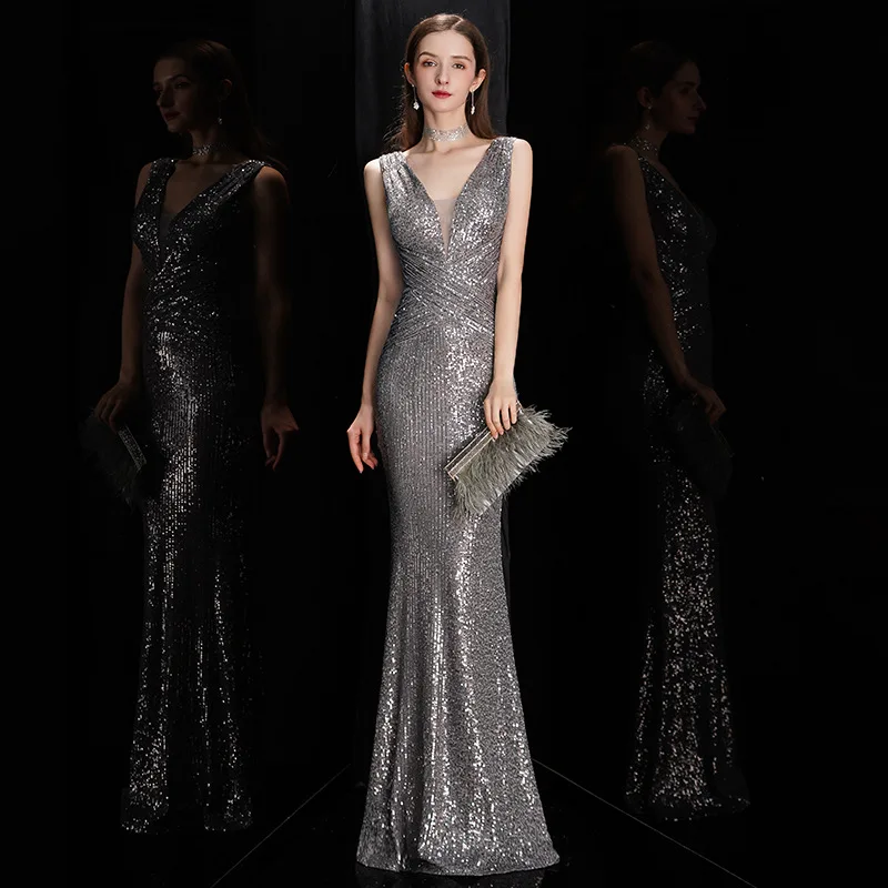 

HJZY-120#Evening Dress Long Buttocks Halter Party Prom Dresses Sequins wholesale Trumpet Mermaid Valentine's Day dress girls