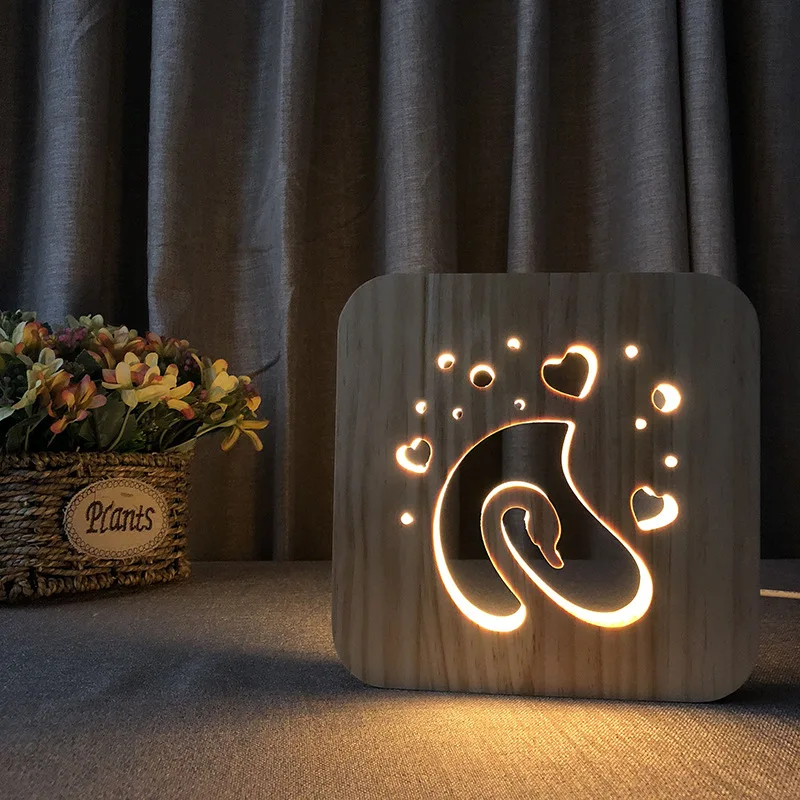 

Romantic Swan Shaped Wooden Crafts 3d Led Night Light Wood Carving Ornaments Usb Bedside Table Lamp for Bedroom Wedding Decor
