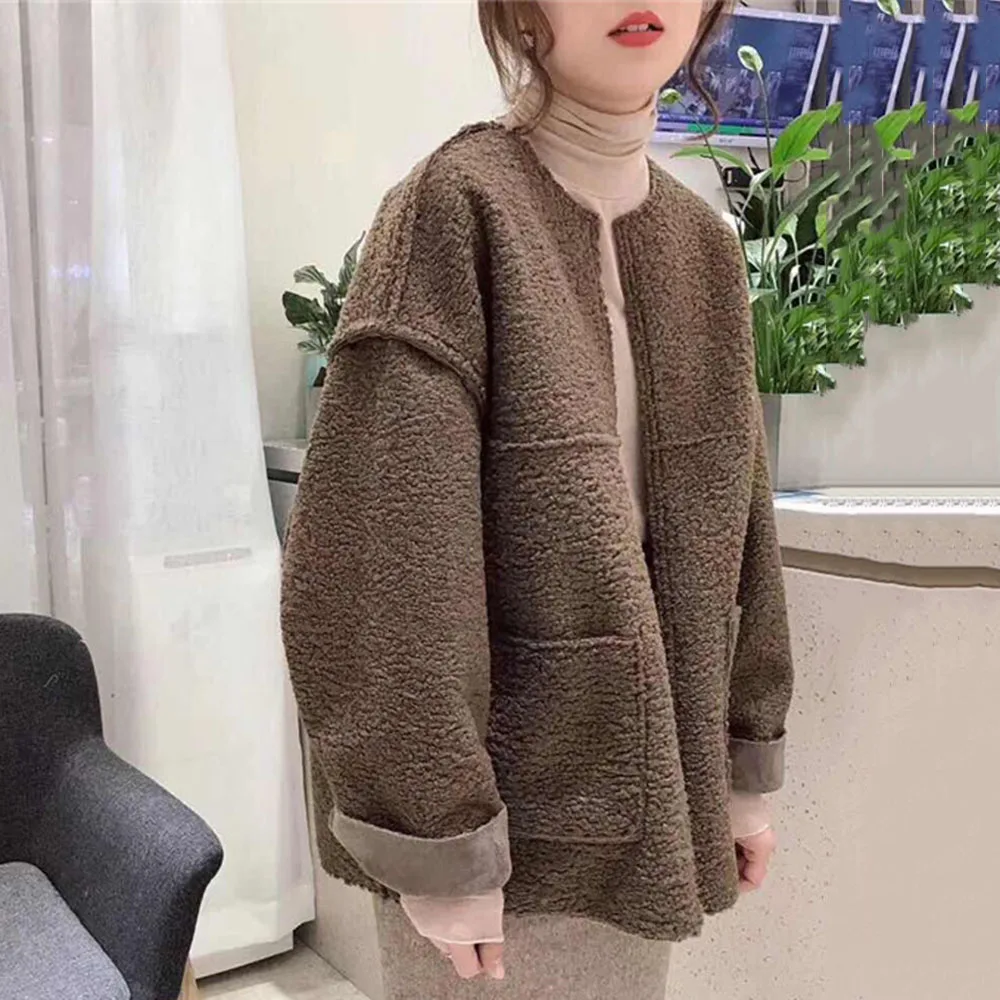 

Simplicity Lamb Wool Coat Winter New Korean Japan Style Fashion Casual Loose Versatile Female Jacket Plus Size 2XL OverCoat