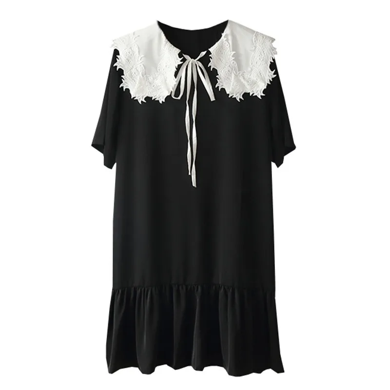 

Kimutomo Sweet Girls Short Sleeve Dresses Women 2021 Summer Ladies Lace Peter Pan Collar Ruffles Panelled Vestido Elegante