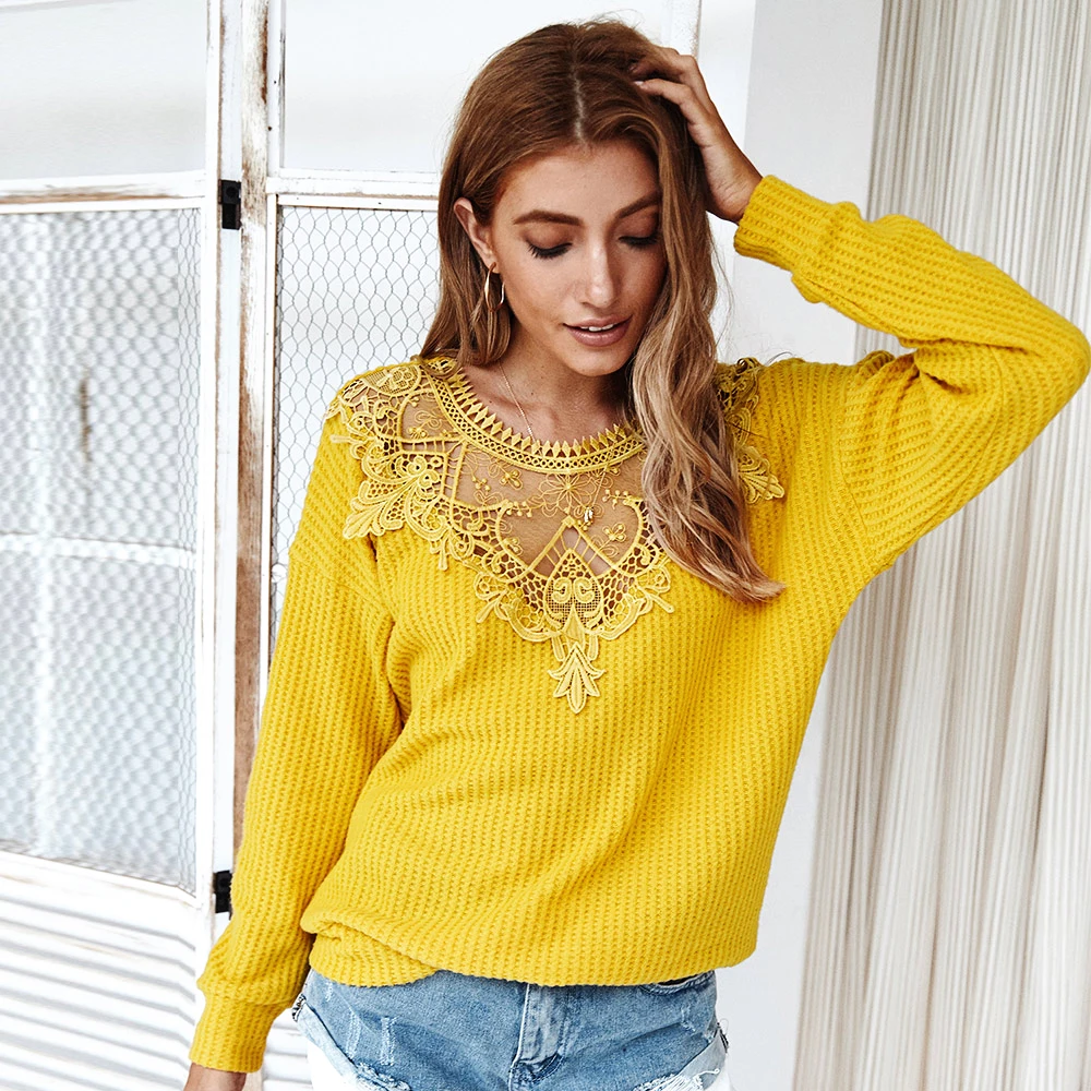 

Fashion Stitching Lace Women's Sweater Casual Long Sleeve Solid Pullover Knitting Sweater 2020 Autumn Sexy Hollow Out Loose Tops