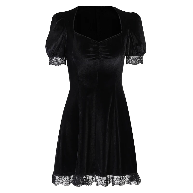 

2021 New Vintage Lace Black Dress Sexy High Waist Mini Dress Aesthetic Elegant Short Sleeve A Line Dress Party Club Wear