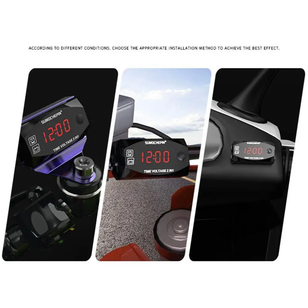 2-in-1 Voltmeter Multi-function With Digital Display Motorcycle Electric Vehicle Time Clock Electronic Accessories | Автомобили и