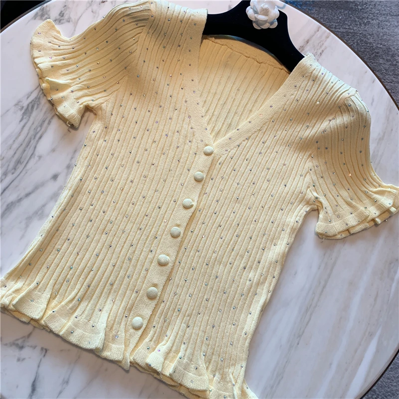 

Knitting T-shirt for Women Summer Slim Bodycon T-shirt Girls Lady's Cropped Knitted Tshirt Rhinestones Tight Knitted T-shirts