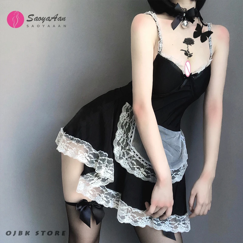 

Sexy French Maid Cosplay Costumes Short Mini Lace Dress With Headband Gothic Dark Color Style Role Play Lingerie For Couple