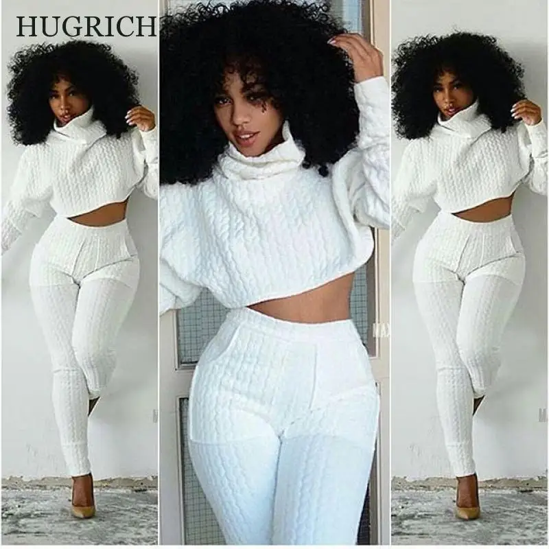 Tracksuits 2 Piece Sets Autumn Women Bandage Suit Long Sleeve Turtleneck Short Top+High Waist Casual Pants Comfortable |
