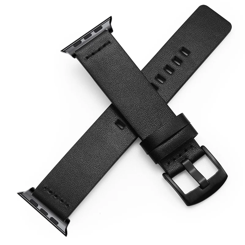 black black Ремешок из натуральной кожи для Apple Watch, ремешок серии 5, 4, 3, 38, 40, 42, 44 мм, спортивный ремешок для часов, быстросъемный браслет-петля - Цвет ремешка: black black