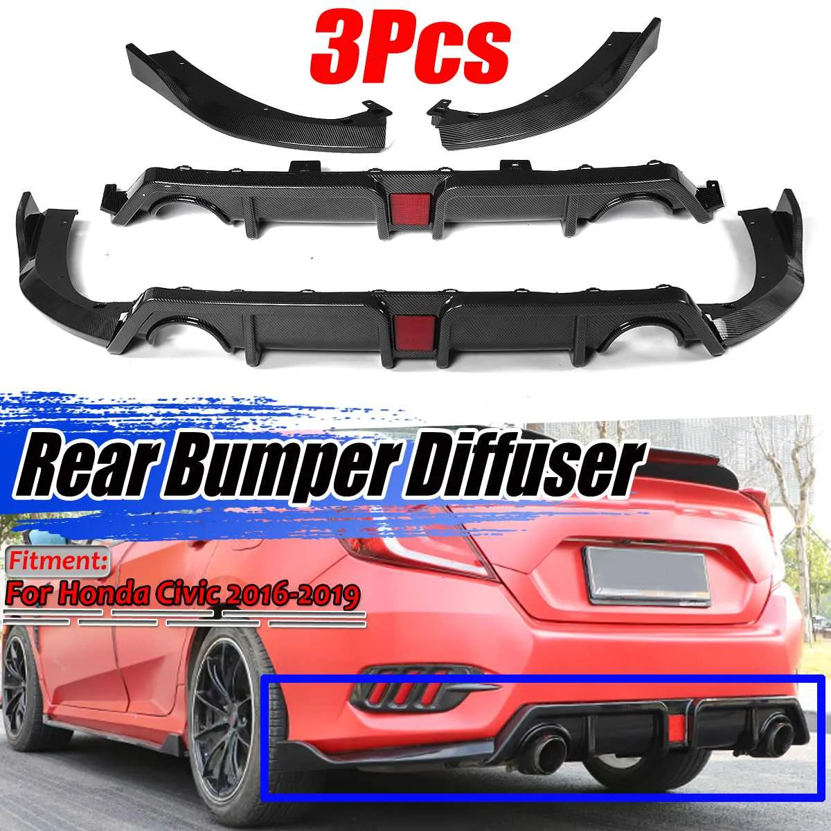 3 шт. углеволокна вид/Черный Автомобильный задний бампер диффузор разветвитель