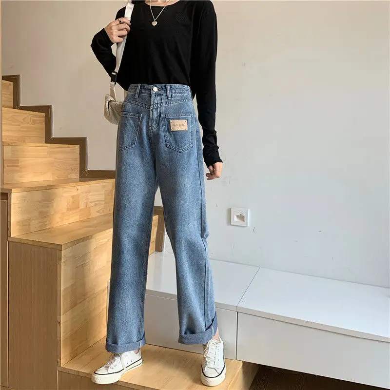 Длинные прямые джинсы для женщин модные винтажные джинсовые брюки с высокой